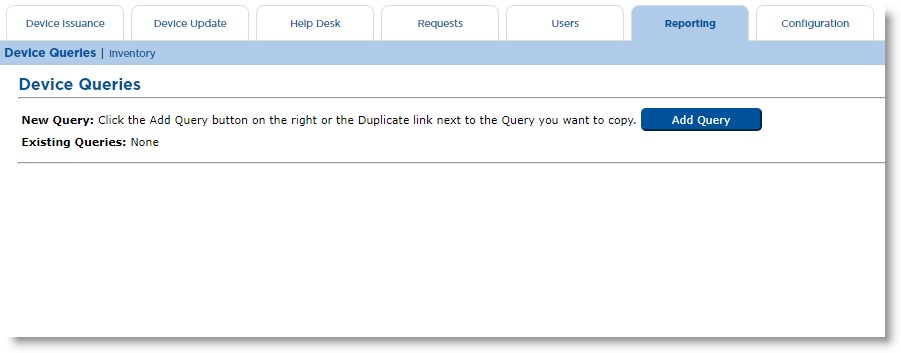 Reporting tab of CMS Operator portal displaying a Device Queries section with an Add Query button, as well as section for Existing Queries